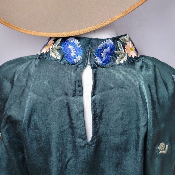 Free People Jessica Green Embroidered Boho Blouse Large Holiday Cottagecore Fall - Picture 8 of 8
